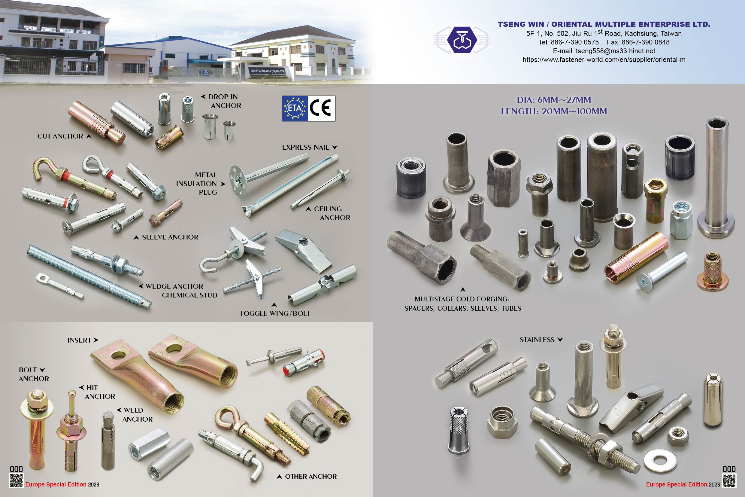TSENG WIN TRADING CO., LTD. / ORIENTAL MULTIPLE ENTERPRISE LTD. , Cut Anchor, Drop in Anchor, Metal Insulation Plug, Express Nail, Ceiling Anchor, Sleeve Anchor, Wedge Anchor Chemical Stud, Toggle Wing/Bolt, Insert, Bolt Anchor, Hit Anchor, Weld Anchor, Stainless Steel, Multistage cold Forging, Spacers, Collars, Sleeves, Tubes , Cut Anchors