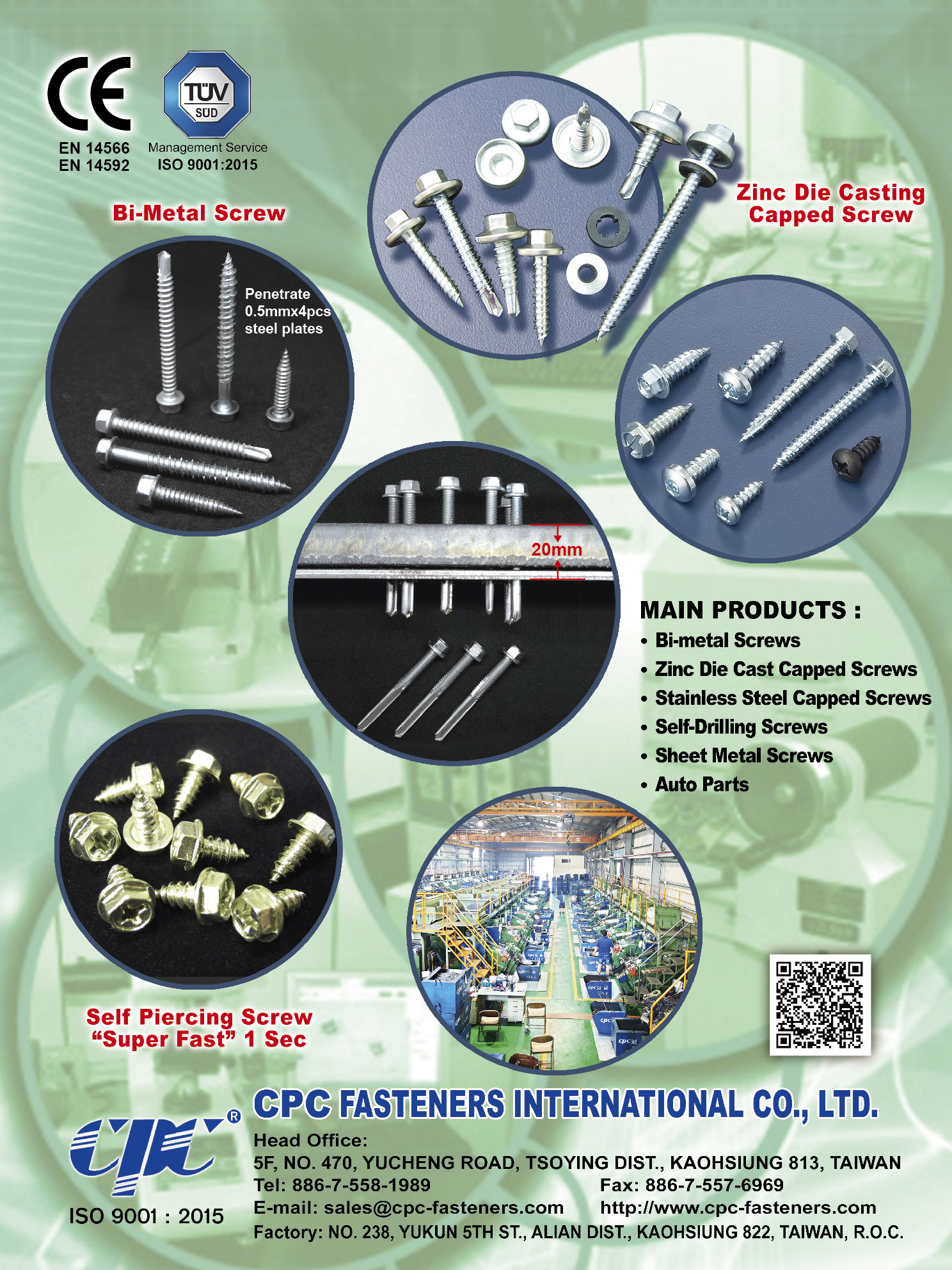 CPC FASTENERS INTERNATIONAL CO.,LTD.  , Bi-Metal Screws, Zinc Die Casting Capped Screw, Stainless Steel Capped Screw, Sheet Metal Screws, Self-Drilling Screws, Auto Parts, Self Piercing Screws , Bi-metal Screw