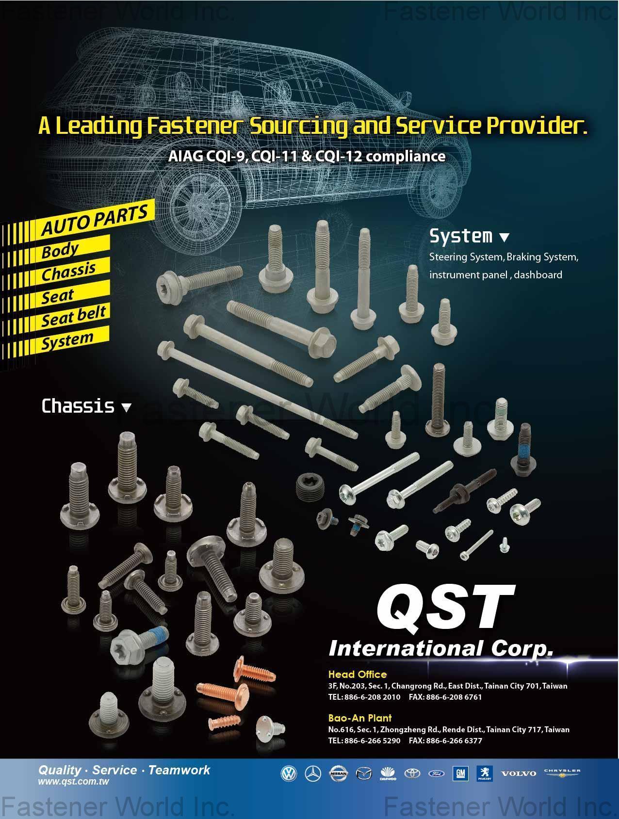 QST INTERNATIONAL CORP. , Proprietary Fasteners, TORX® Screws, TORX PLUS® Screws, TRI-LOBULAR® Screws, TRI-LOBULAR 2000®, Induction Hardened Bolts, REMFORM® Screws, REMFORM®, Auto Fasteners, Weld bolts, Weld Studs, Sems (Screws + Washer assembly), Multi-die Headed Pins and Rivets, Special Screws per Print, Internal Fasteners, External Fasteners, Non Fasteners QST INTERNATIONAL CORP. , Proprietary Fasteners, TORX® Screws, TORX PLUS® Screws, TRI-LOBULAR® Screws, TRI-LOBULAR 2000®, Induction Hardened Bolts, REMFORM® Screws, REMFORM®, Auto Fasteners, Weld bolts, Weld Studs, Sems (Screws + Washer assembly), Multi-die Headed Pins and Rivets, Special Screws per Print, Internal Fasteners, External Fasteners, Non Fasteners