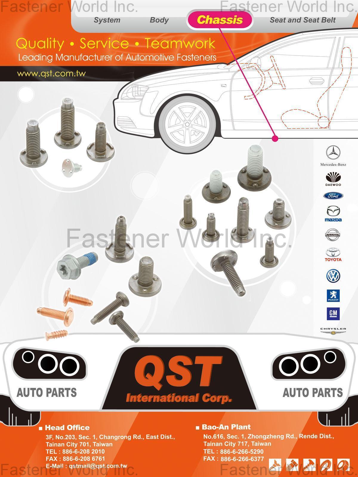 QST INTERNATIONAL CORP. , Auto Parts, Automotive Parts, Proprietary Fasteners, TORX® Screws, TORX PLUS® Screws, TRI-LOBULAR® Screws, TRI-LOBULAR 2000®, Induction Hardened Bolts, MAThread® Screws, REMFORM®, Auto Fasteners, Weld bolts, Weld Studs, Sems (Screws + Washer assembly), Multi-die Headed Pins and Rivets, Special Screws per Print, Internal Fasteners, External Fasteners, Non Fasteners , Automotive Parts QST INTERNATIONAL CORP. , Auto Parts, Automotive Parts, Proprietary Fasteners, TORX® Screws, TORX PLUS® Screws, TRI-LOBULAR® Screws, TRI-LOBULAR 2000®, Induction Hardened Bolts, MAThread® Screws, REMFORM®, Auto Fasteners, Weld bolts, Weld Studs, Sems (Screws + Washer assembly), Multi-die Headed Pins and Rivets, Special Screws per Print, Internal Fasteners, External Fasteners, Non Fasteners , Automotive Parts