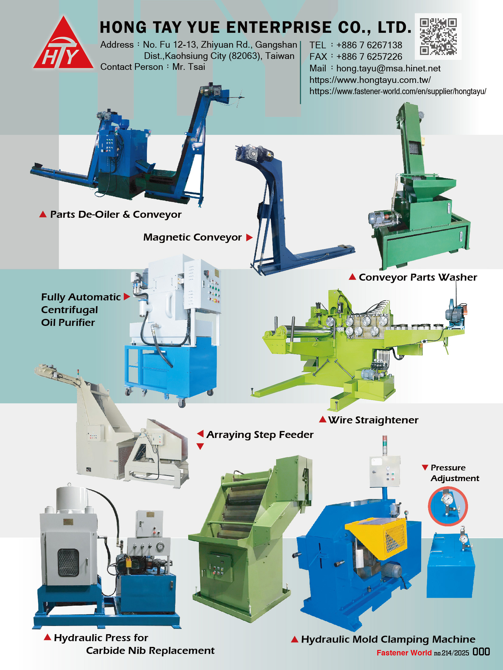 HONG TAY YUE ENTERPRISE CO., LTD. , Hydraulic Mold Clamping Machine, Rotary Drum Washer & De - Oiler, Conveyor Parts Washer, De - Oiler, Wire Straightener, Arraying Step Feeder, Sorting Roller with Box Packing System, Hydraulic Press for Carbide Nib Replacement