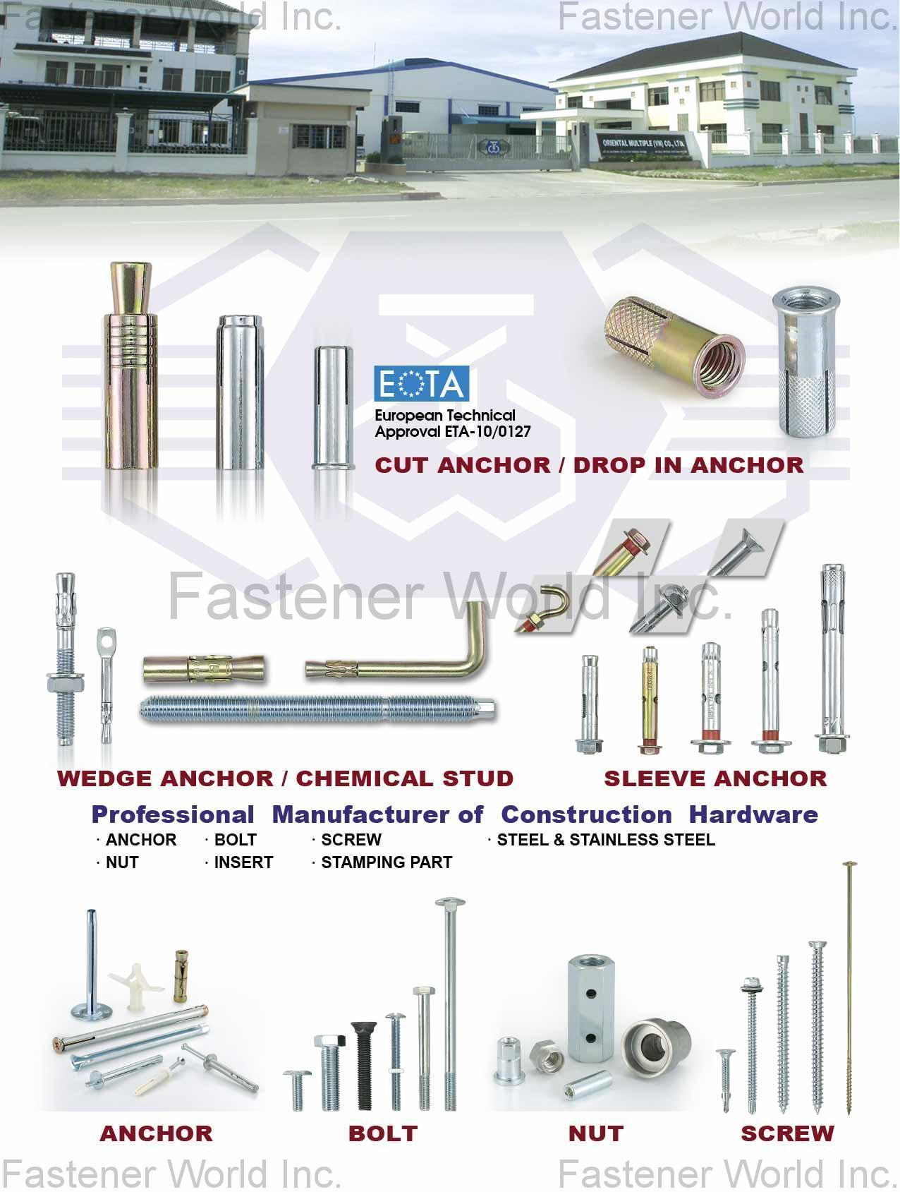 TSENG WIN TRADING CO., LTD. / ORIENTAL MULTIPLE ENTERPRISE LTD. , CUT ANCHOR, DROP IN ANCHOR, WEDGE ANCHOR, CHEMICAL STUD, SLEEVE ANCHOR, ANCHOR, BOLT, NUT, SCREW, INSERT, STAMPING PART, STEEL & STAINLESS STEEL , Wedge Anchors