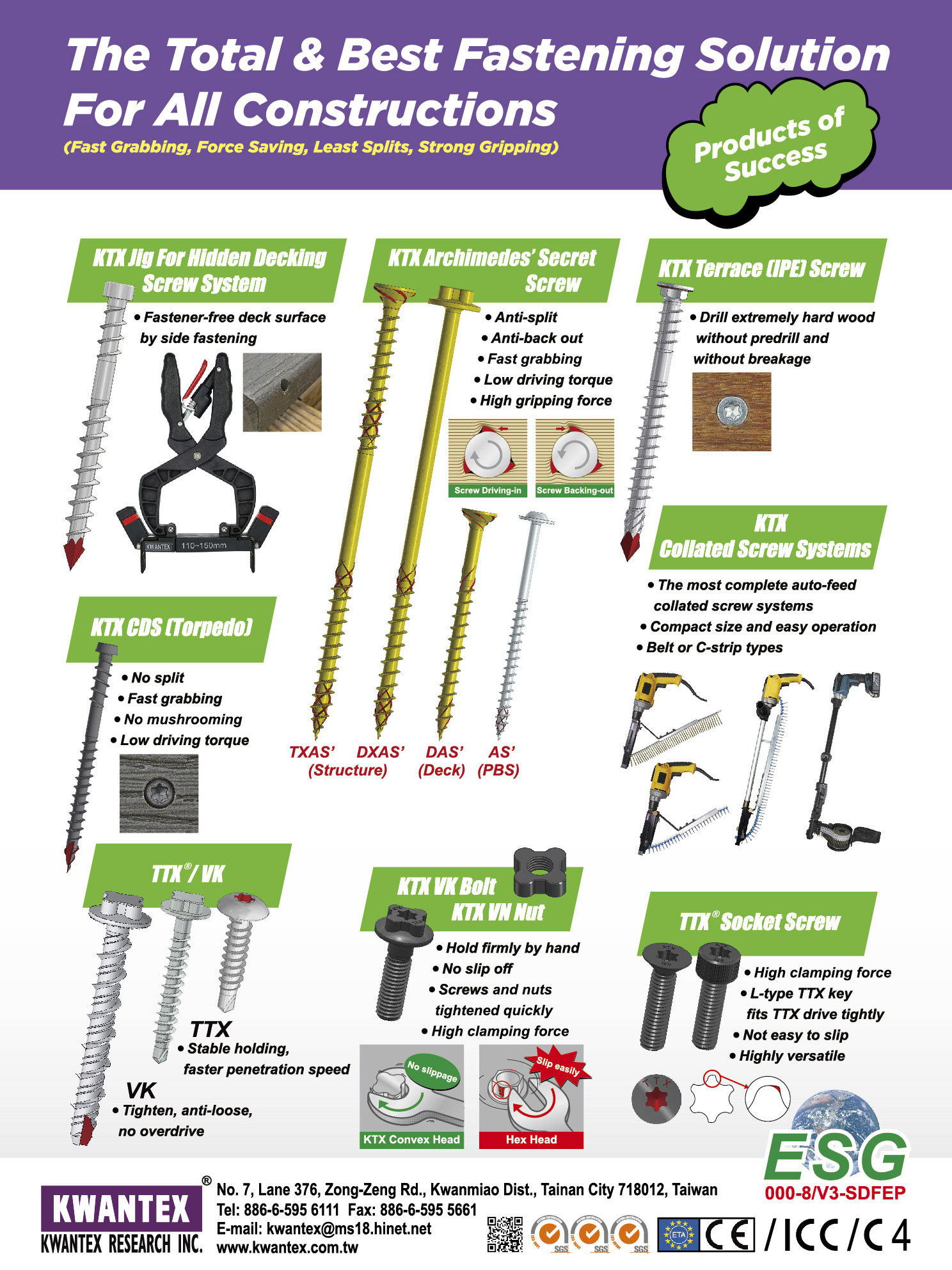 KWANTEX RESEARCH INC.  , KTX-Concrete Screw, KTX Archimedes' Secret Screw, KTX-CDS (Torpedo), TTX/VK Self-Drilling Screw, KTX-1 Metal S.S. Screw, KTX-Jig for Hidden Decking Screw System, KTX-Terrace (IPE) Screw
