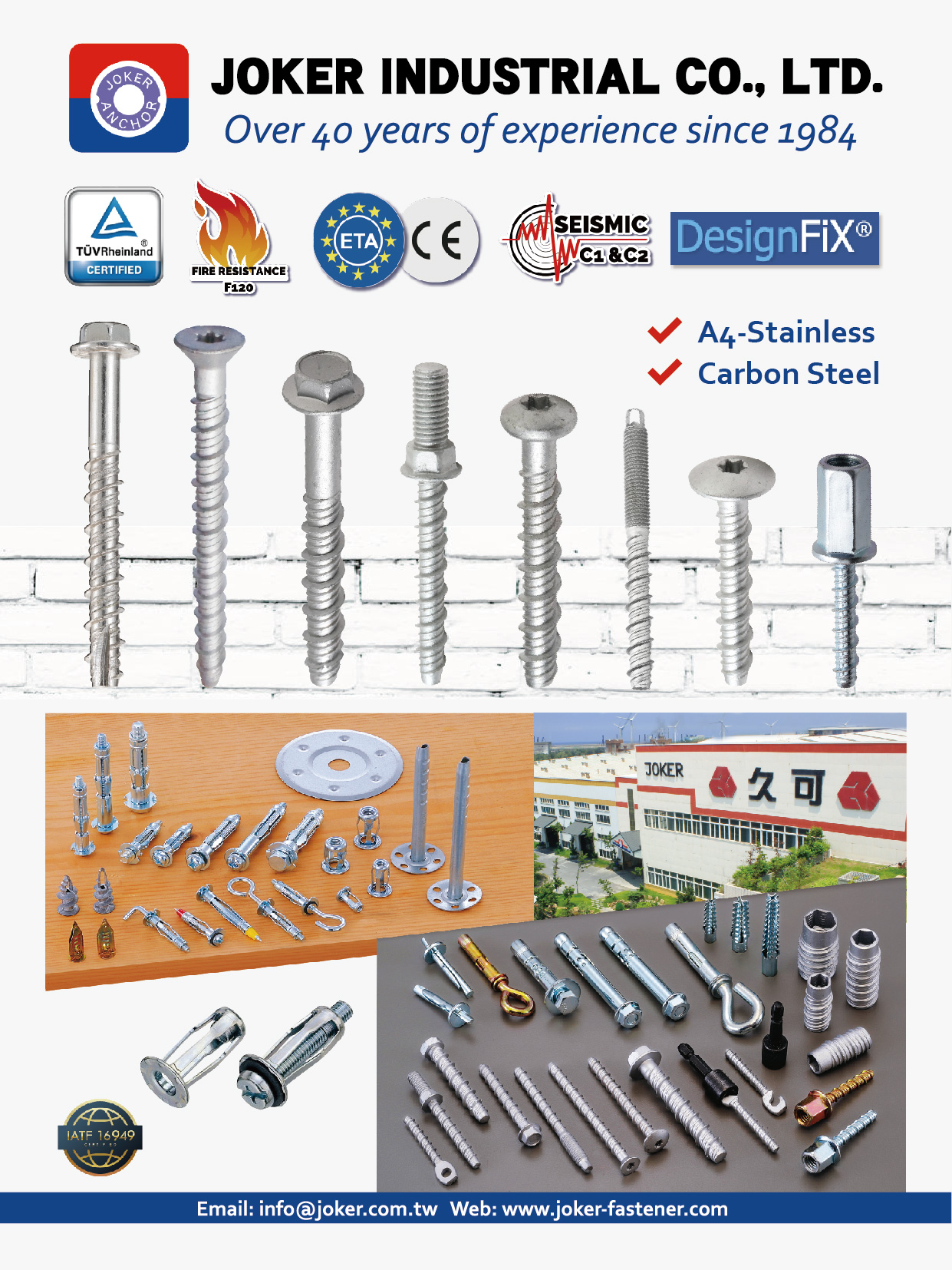 JOKER INDUSTRIAL CO., LTD. , Mechanical and Heavy Duty Anchors, Concrete screw anchor, SISSY STUD , Safety nail ceiling anchor, Sleeve anchor, Steel hammer anchor, SPENDARL, Hammer driver anchor, Screw in screw system anchor, SISSY ANCHOR, Lightweight and Plasterboard Fixings, Zinc alloy anchor, EASY ANCHOR, Hollow wall anchor, Express nail, Legs anchor, NEW FIXING, Metal Universal Plug, Rivet JACK NUT, Tool and Accessory, Hollow wall setting gun 1801, Hollow wall mounting tool 1802, Hollow wall setting tool 1803, Hollow wall mounting tool 1804, Insulation Fixing, Framework fasteners, Zinc alloy frame fixing, Metal frame JOKER INDUSTRIAL CO., LTD. , Mechanical and Heavy Duty Anchors, Concrete screw anchor, SISSY STUD , Safety nail ceiling anchor, Sleeve anchor, Steel hammer anchor, SPENDARL, Hammer driver anchor, Screw in screw system anchor, SISSY ANCHOR, Lightweight and Plasterboard Fixings, Zinc alloy anchor, EASY ANCHOR, Hollow wall anchor, Express nail, Legs anchor, NEW FIXING, Metal Universal Plug, Rivet JACK NUT, Tool and Accessory, Hollow wall setting gun 1801, Hollow wall mounting tool 1802, Hollow wall setting tool 1803, Hollow wall mounting tool 1804, Insulation Fixing, Framework fasteners, Zinc alloy frame fixing, Metal frame