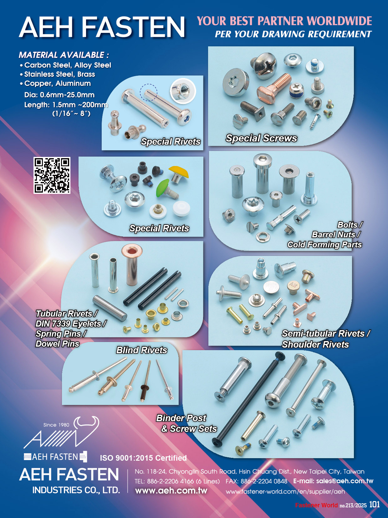 AEH FASTEN INDUSTRIES CO., LTD.  , Special Screws, Special Rivets, Bolts / Barrel Nuts / Cold Forming Parts, Tubular Rivets / DIN 7339 Eyelets / Spring Pins / Dowel Pins, Semi-tubular Rivets / Shoulder Rivets, Binder Post & Screws Sets